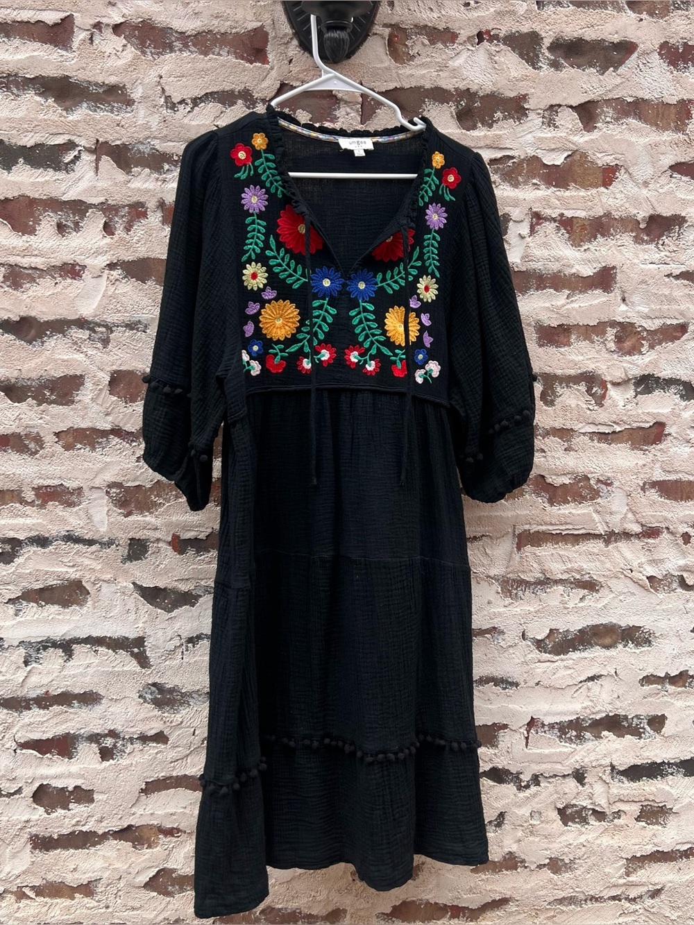 Umgee Black Gauze Dress with Multicolor Floral Embroidery